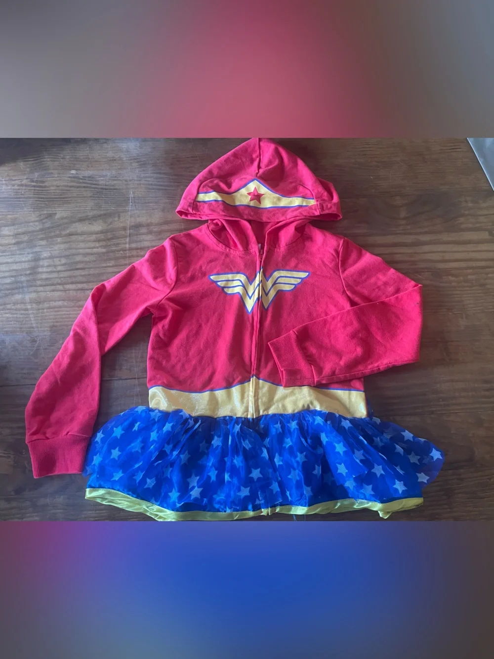 DC Comics Wonder Woman Hooded Jacket with Star Tulle Ruffle, Girls 7-8 NWOT